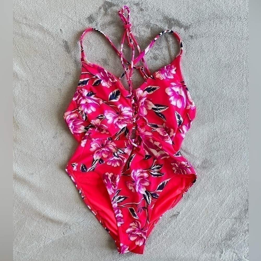 Xhilaration One Piece Swimsuit Medium Red Floral Lace Up Front - Picture 3 of 7